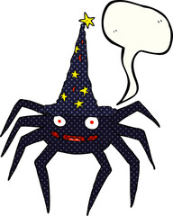 freehand drawn comic book speech bubble cartoon halloween spider in witch hat