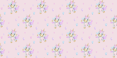 Print of cute little unicorns and hearts. Background of baby ponies. Watercolor hand drawn seamless pattern for children's rooms, goods, clothes, postcards, baby shower and nursery, fabric