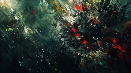 Dark abstract painting with red splashes - This image captures a dark, atmospheric abstract painting with explosive red splashes symbolizing conflict or drama - obrazy, fototapety, plakaty