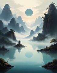 An ethereal landscape depicting misty mountains, a serene lake, traditional pagodas, and a calming sunrise in an otherworldly setting.