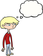 cartoon suspicious boy with thought bubble