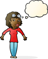 cartoon woman wearing goggles with thought bubble