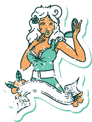 iconic distressed sticker tattoo style image of a pinup surprised girl with banner