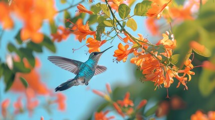 Fototapeta premium A beautiful hummingbird in flight with vibrant orange flowers in the background. Perfect for nature and wildlife-themed designs