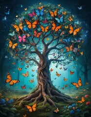 A magical tree with branches adorned with colorful butterflies in a mystical forest, evoking a sense of wonder and fantasy