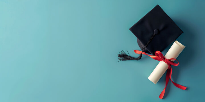 Graduation Cap and Diploma on Color Background - Academic Achievement and Education Symbol for Promotional Use.