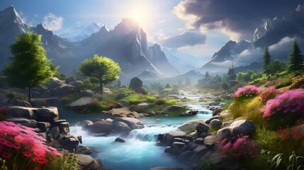 Panoramic view of beautiful spring landscape with mountain river and pink flowers
