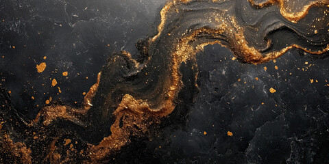 Golden metallic swirls dancing on a dark matte surface, producing a hypnotic and textured blend with an opulent sheen - obrazy, fototapety, plakaty