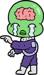 cartoon big brain alien crying and pointing