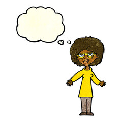 cartoon woman wearing glasses with thought bubble
