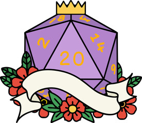 Retro Tattoo Style natural twenty D20 dice roll