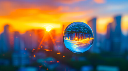 A close-up of a water droplet on a window pane refracts the world outside, distorting and amplifying the urban landscape into an abstract, ethereal mosaic