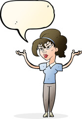 cartoon woman raising hands in air with speech bubble