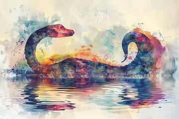 Loch Ness Monster, captured in bright vintage watercolor, vibrant and rich in mythical allure - obrazy, fototapety, plakaty