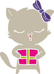 flat color style cartoon girl cat with christmas present