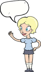 cartoon waving woman with speech bubble