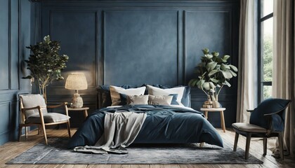 Dreamy Den: 3D Render of a Cozy Dark Blue Bedroom Mockup