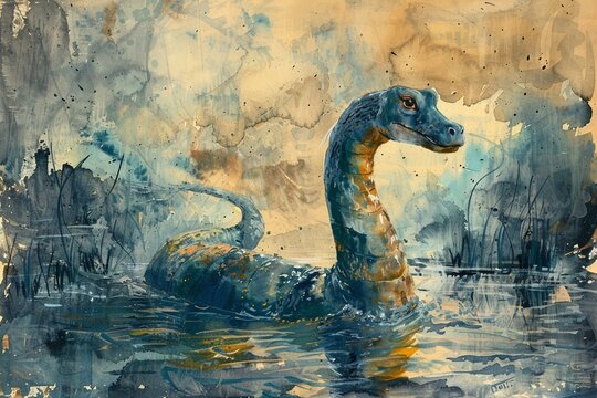 Loch Ness Monster, captured in bright vintage watercolor, vibrant and rich in mythical allure