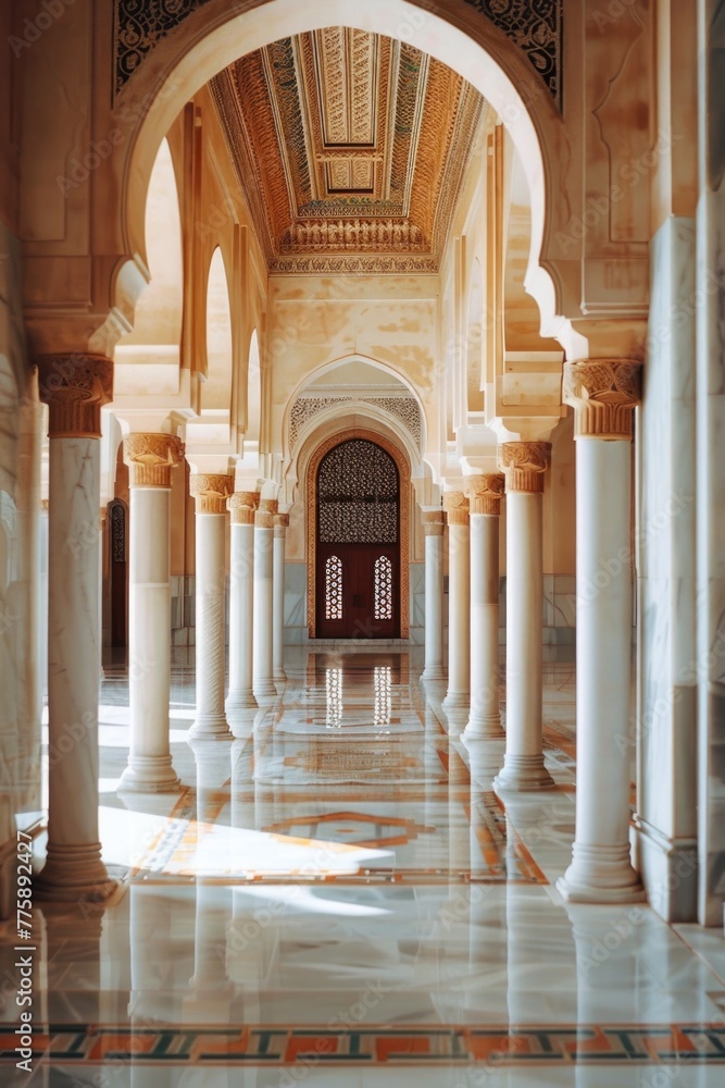 Poster A hallway with columns and a central door. Suitable for architectural and interior design concepts