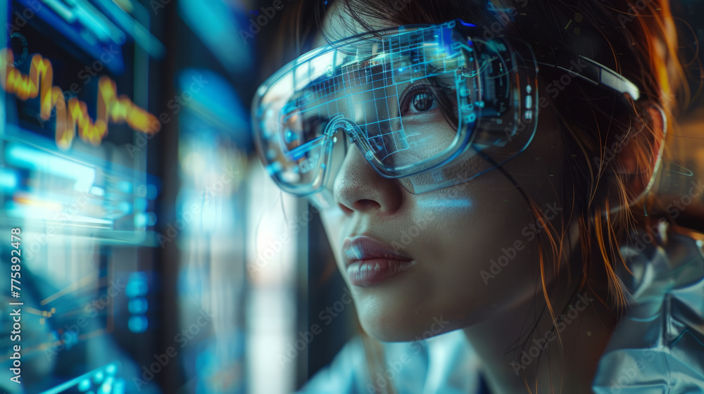 Poster augmented reality, a scientist interacts with advanced virtual models via ar glasses.