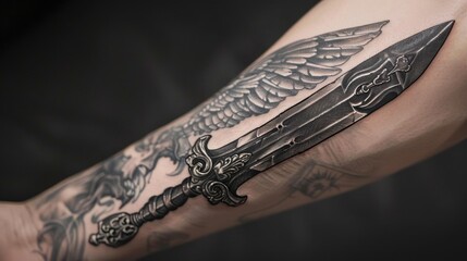 A man showing off his arm tattoo with a sword design. Ideal for tattoo parlors or military-themed designs