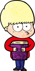 nervous cartoon boy holding book