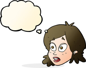 cartoon female face with surprised expression with thought bubble