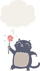 cartoon cat with flower with thought bubble in retro style
