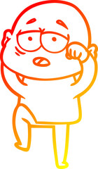 warm gradient line drawing of a cartoon tired bald man