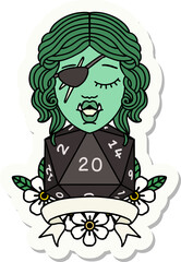 sticker of a half orc rogue character with natural twenty dice roll