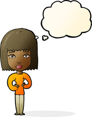 cartoon woman indicating self with thought bubble