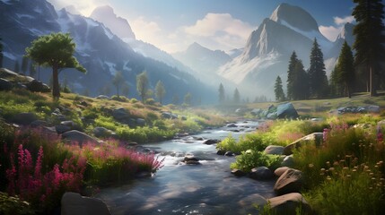 Panoramic view of a mountain river in the morning misty landscape
