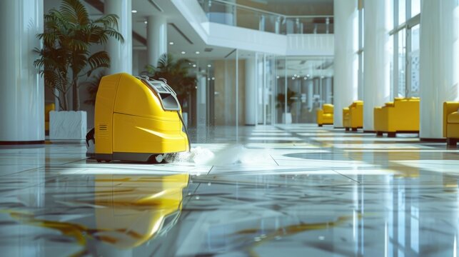 Industrial floor cleaning machine in action, suitable for cleaning service advertisements
