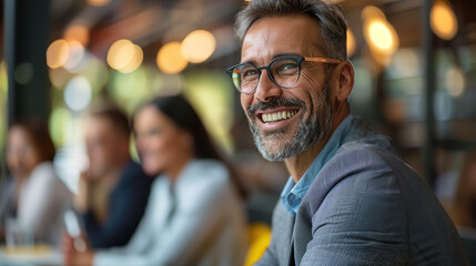 Obraz premium Smiling Businessman in Glasses at a Casual Meeting in a Modern Office Space