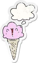 cartoon ice cream with face with thought bubble as a distressed worn sticker