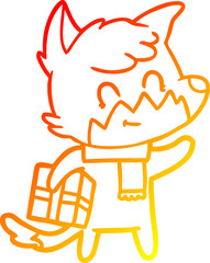 warm gradient line drawing of a cartoon friendly christmas fox