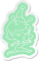 pretty quirky cartoon  sticker of a alien girl running wearing santa hat