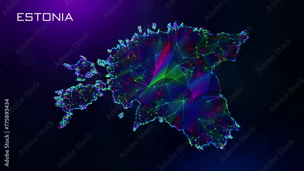 Poster futuristic motion reveal estonia map polygonal blue purple colorful connected lines and dots network
