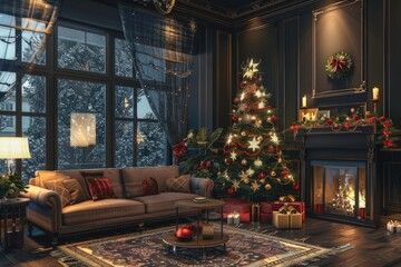Festive living room with a decorated Christmas tree, perfect for holiday designs