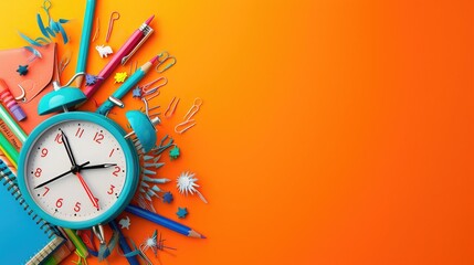 A dynamic composition featuring a stylish alarm clock intertwined with colorful school supplies...