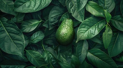 Fresh avocado on a bed of vibrant green leaves, perfect for healthy eating concepts