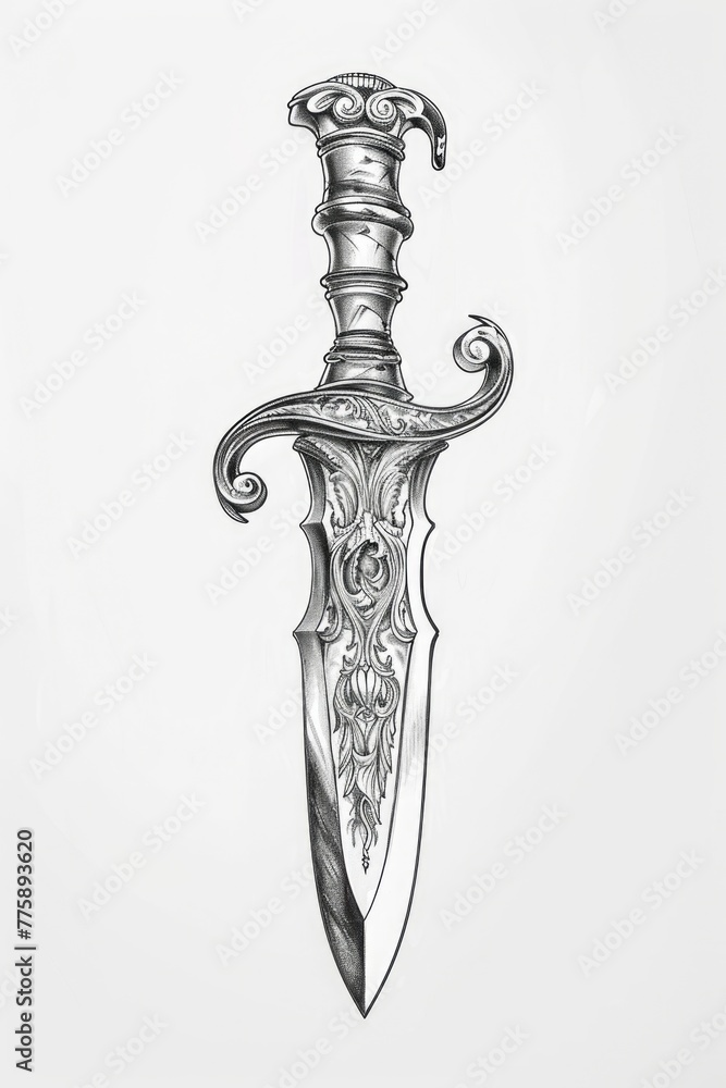 Poster Detailed drawing of a knife with intricate design. Perfect for illustrating sharp objects in graphic design projects