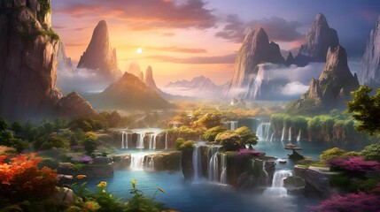 Beautiful fantasy landscape with a waterfall and a lake. Panorama
