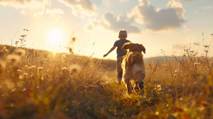 Childhood Joy, A child and their dog revel in play amidst a sunlit field. - obrazy, fototapety, plakaty