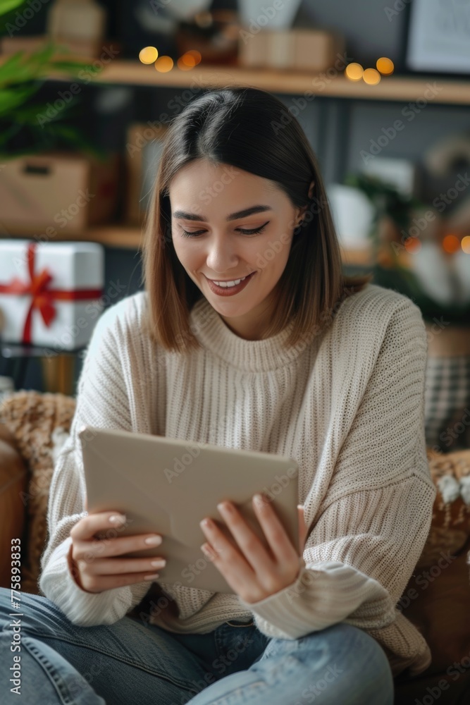 Aufkleber woman sitting on a couch using a tablet computer. perfect for technology and lifestyle concepts