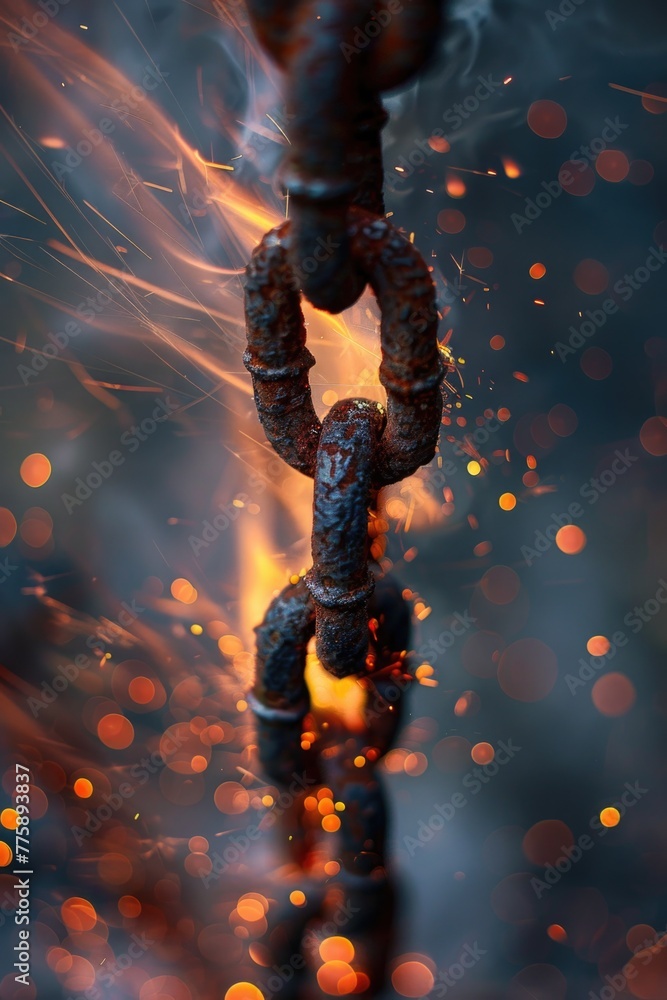 Poster close up of a chain with fire in the background. suitable for industrial or danger concepts