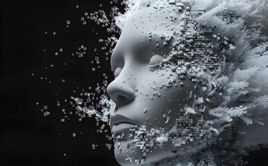 3d image of human head created from blocks in the style of futuristic digital art	