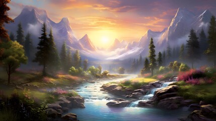 Beautiful panorama of a mountain river at sunset. Digital painting