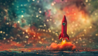 A red rocket is flying through a colorful sky with clouds by AI generated image