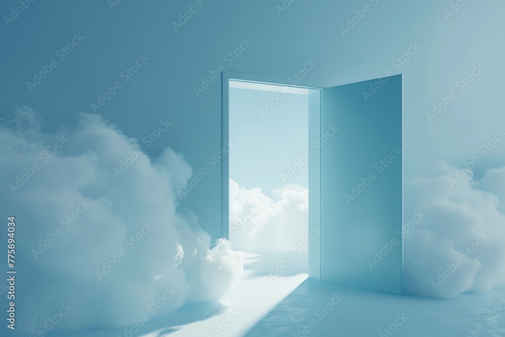 Poster A surreal image of an open door in a cloud-filled sky. Suitable for abstract concepts or dream-like scenarios